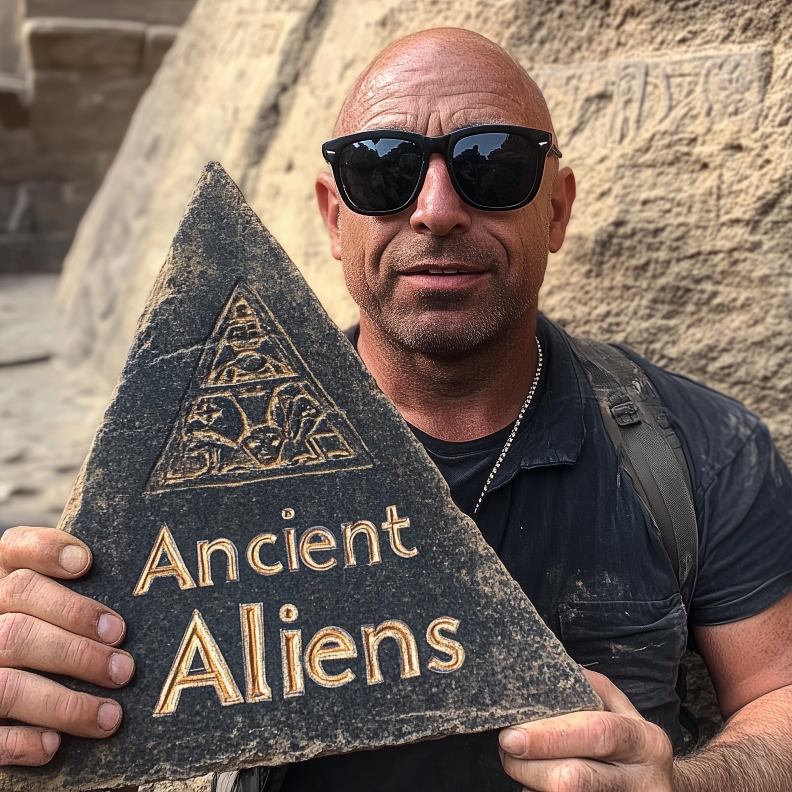 A realistic meme of Joe Rogan holding a pyramid, humorously questioning the mysteries of ancient architecture and swarm intelligence.